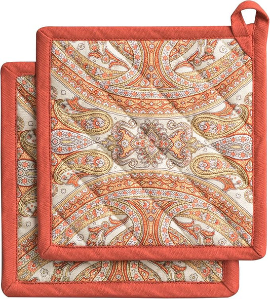 Maison d' Hermine Pot Holders Set 100% Cotton Heat Resistant Potholders 8" x 8" Hot Pads with Loop for Thanksgiving Christmas Decorations BBQ Baking Handling Hot Pans (Pack of 2, Kashmir Paisley)
