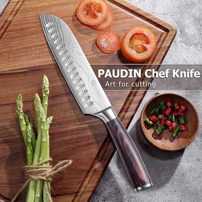 PAUDIN Santoku Knife, 7 Inch Kitchen Knife, Ultra Sharp Edge - Forged High Carbon German Stainless Steel, Professional Chef Knife with Ergonomic Handle, Gifts for Men and Women