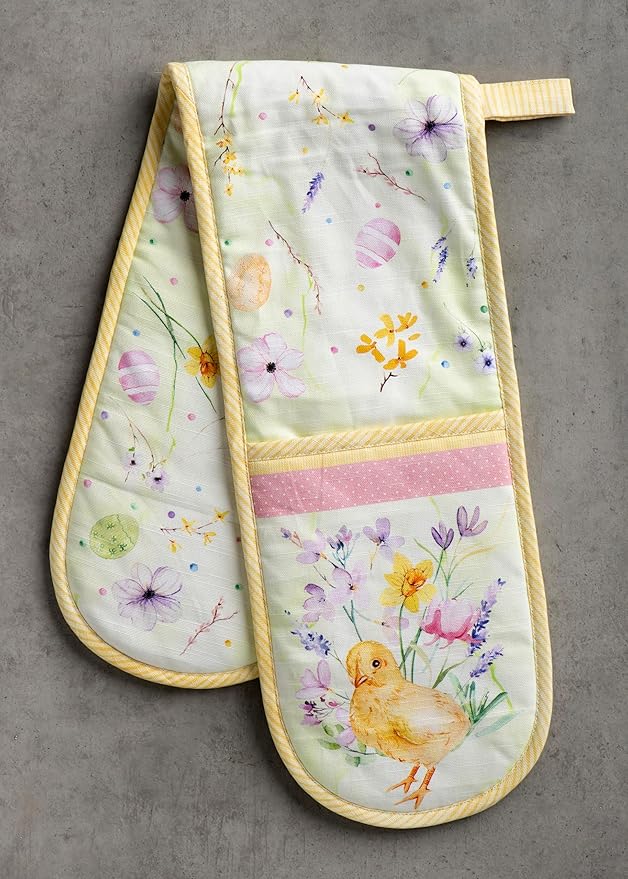 Maison d' Hermine Double Oven Mitts 100% Cotton 7"x35" Double Oven Mitt Heat Resistant BBQ Cooking Gloves with Loop, Baking, Grilling, Home, Kitchen, Handling Hot Pans Spring Summer (Easter Zest)