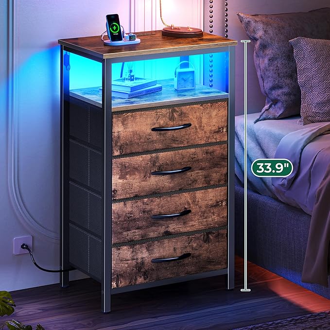 Huuger Night Stand with Charger Station and LED Lights, 4 Drawer Nightstand, Bed Side Table with Open Shelf, End Table, Fabric Dresser for Bedroom, Rustic Brown