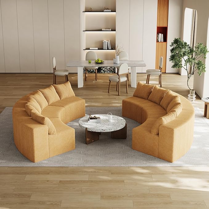 KEIKI Corduroy Curved Sectional Sofa, 6 Seater Symmetrical Modular Semi Circular Couch, Deep Seat Tufted Corner Sofa for Living Room, Lobby, Yellow