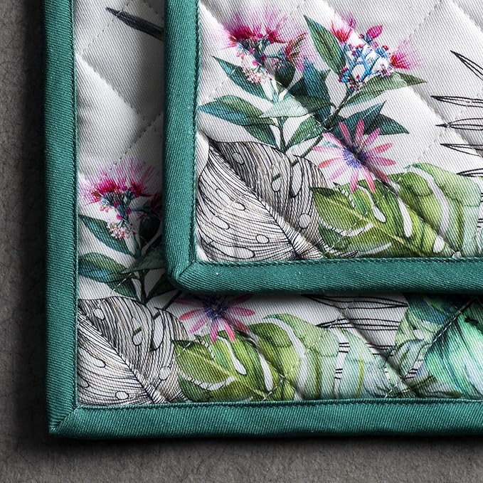 Maison d' Hermine Pot Holders Set 100% Cotton Heat Resistant Potholders 8" x 8" Hot Pads with Loop BBQ, Cooking, Baking, Grilling, Kitchen, Handling Hot Pans Spring/Summer (Pack of 2, Tropiques)