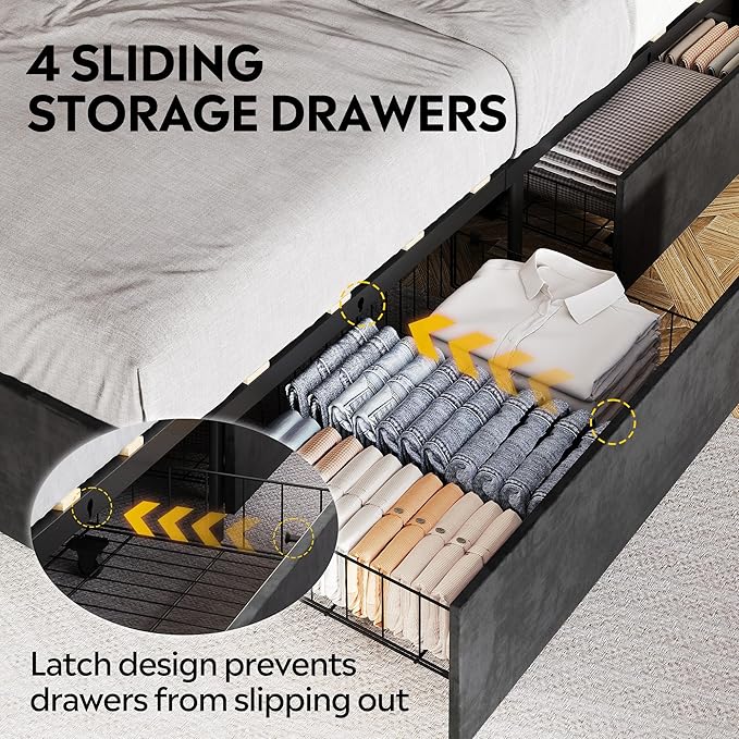 WLIVE Queen Size Upholstered Bed Frame with 4 Drawers and Velvet Square Tufted Headboard, Sturdy Metal & Wooden Slats Support, No Box Spring Needed, Easy Assembly, Black