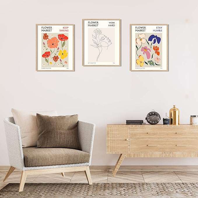 Flower Market Wall Art Prints Botanical Aesthetic Decor Minimalist Poster Inspirational Theme Flower Line Photo Vintage Abstract Pictures Canvas Wall Art Colorful Floral Wall Decor for room (8x10