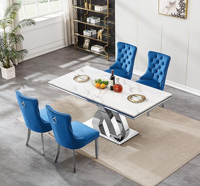 Goujxcy 5-Piece Dining Table Set Modern Faux Marble Dining Table Set for 4, Luxury 68" Long Faux Marble Kitchen Table with 4 Velvet Upholstered Chairs, Mirrored Stainless Steel Base