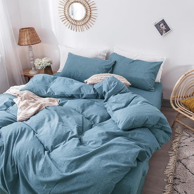 MooMee Bedding Duvet Cover Set 100% Washed Cotton Linen Like Textured Breathable Durable Soft Comfy (Heathered Peacock Blue, King 104"x90")