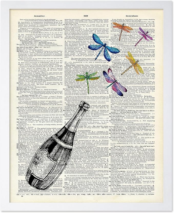 Poster Master Dictionary Art Poster - Champagne Bottle Print - Dragonfly Art - Alcohol Art - Gift for Men, Women & Bartender - Great Decor for Bar, Kitchen or Restaurant, 8x10 White Framed