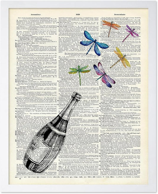 Poster Master Dictionary Art Poster - Champagne Bottle Print - Dragonfly Art - Alcohol Art - Gift for Men, Women & Bartender - Great Decor for Bar, Kitchen or Restaurant, 8x10 White Framed