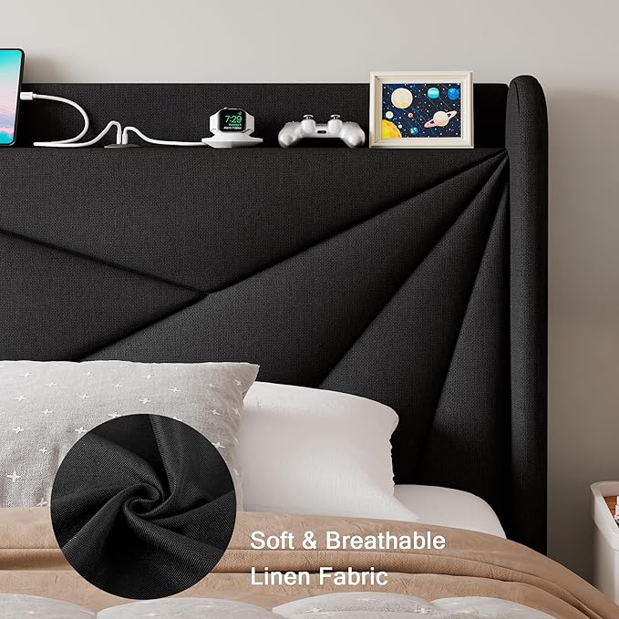 Twin Size Upholstered Bed Frame with Charging Station, Platform Bed Frame with Storage Headboard, Solid Wood Slats Support, No Box Spring Needed, Black