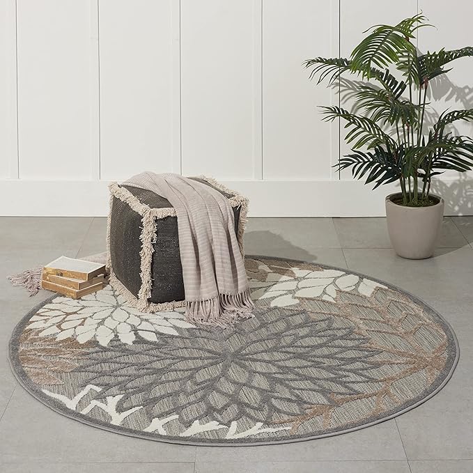 Nourison Aloha Indoor/Outdoor Area Rug 4', Natural, Round Tropical Botanical Easy -Cleaning Non Shedding Bed Room Living Room Dining Room Deck Backyard Patio