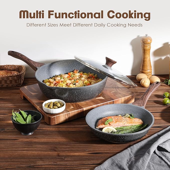 SENSARTE Nonstick Frying Pan Skillets, Swiss Granite Coating Omelette Pans, Healthy Cookware, Free of Intentionally Added PFOA (9.5 Inch Frying Pan and 5QT Saute Pan)