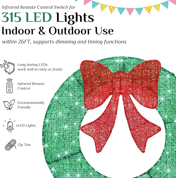 Sweetcrispy Pre-Lit Christmas Wreath, LED Lighted Holiday Outdoor Decoration with Bow for Door, Mantel, Wall, Windows, Front Door Decor, 47.5in Green Wreath - Red Bow