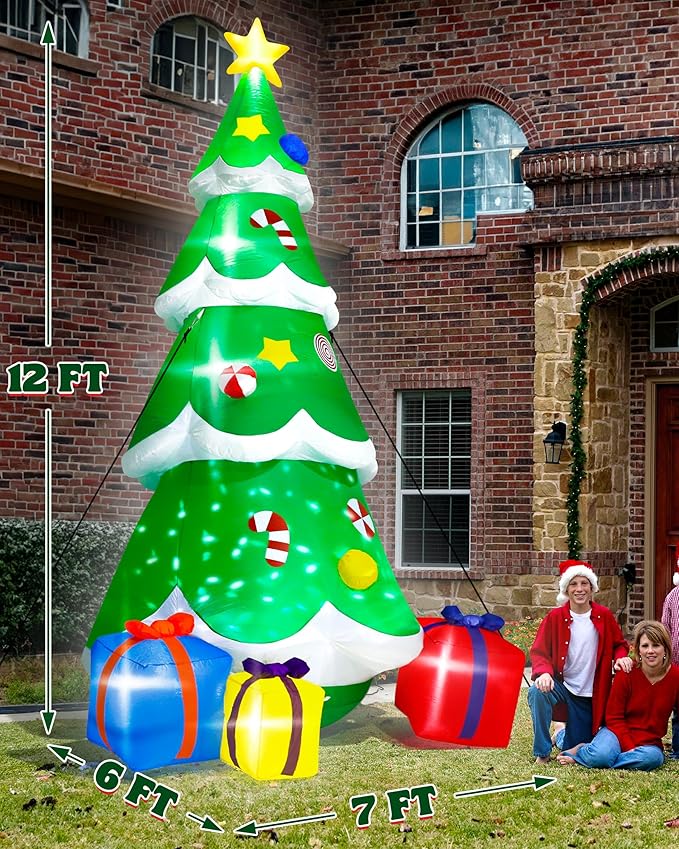 12FT Christmas Tree Inflatables, Giant Blow Up Christmas Tree with Boxes, Lighted Up Xmas Inflatables with Rotating Snowflake Lights for Xmas