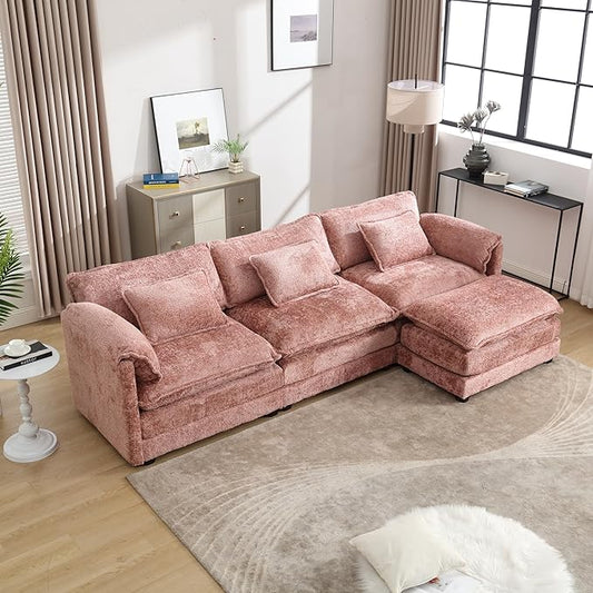 KEIKI 112" L-Shaped Chenille Modular Sectional Chenille Sofa with 1 Movable Ottoman & Memory Foam Cushion, Upholstered Oversized 4-Seater Couch, Easy Assembly, for Apartment, Living Room, Pink