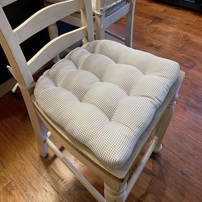 Barnett Home Decor Dining Chair Cushions with Ties, 16.5 x 18, Pack of 4 – Madrid Grey Gingham Check – 100% Cotton, Latex Foam Fill, Made in USA