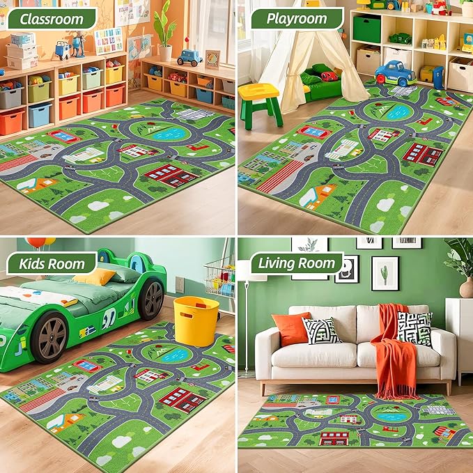 BEQHAUSE Kids Play Mat, Green City Traffic Road Kids Room Rug Great for Playing with Cars, 32”x60” Play Area Rug Car Rugs for Children's Bedroom, Toddler Classroom and Baby Playroom