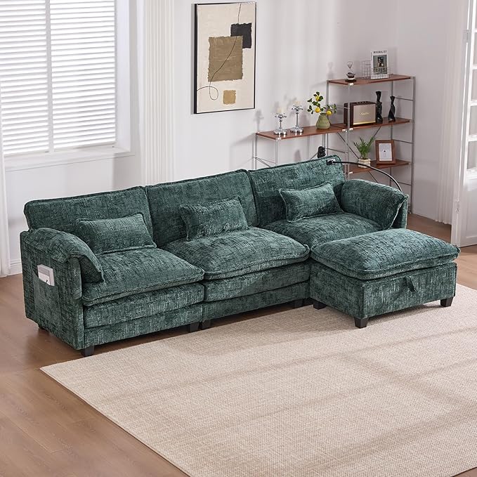KEIKI 110" L-Shaped Boucle Modular Sectional Chenille Sofa with 1 Ottoman & Memory Foam Cushion & Phone Holder & USB, Upholstered Oversized 4-Seater Couch, Easy Assembly, for Living Room, Emerald