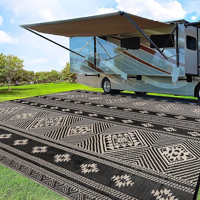 HiiARug Outdoor Rug for Patio Clearance,10'x14' Waterproof Mat,Beach Mat,Reversible Plastic Camping Rugs,Rv,Front Porch Decor,Deck,Camper,Balcony,Backyard,Boho Black