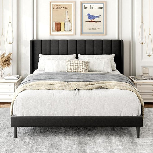 Queen Size Bed Frame with Upholstered Wingback Headboard, Easy Assemnly Platform Bed, Wooden Slat Support No Box Spring Needed, Dark Gray