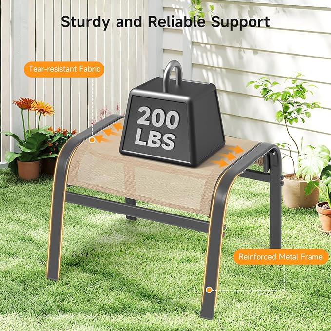 ONBRILL Outdoor Ottoman Set of 2, All Weather Outdoor Foot Stool with Supportive Textliene and Metal Frame, Stackable Oversized Outdoor Foot Rest for Furniture Patio Garden Pool, Beige