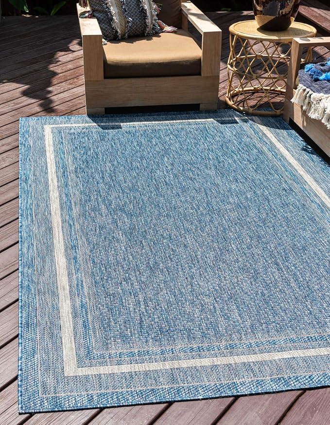 Unique Loom Outdoor Border Collection Area Rug - Soft Border (6' 1" x 9' Rectangle, Blue/ Ivory)