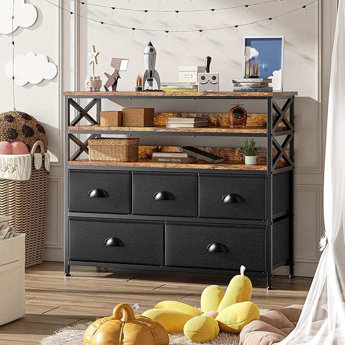 Black Dresser TV Stand for 50" TV, Sturdy Dresser for Bedroom with 3 Wood Open Shelves and 5 Fabric Drawers, Chest of Drawers Storage Dressers for Entryway, Closet, 11.8" D x 39.4" W x 38.4" H