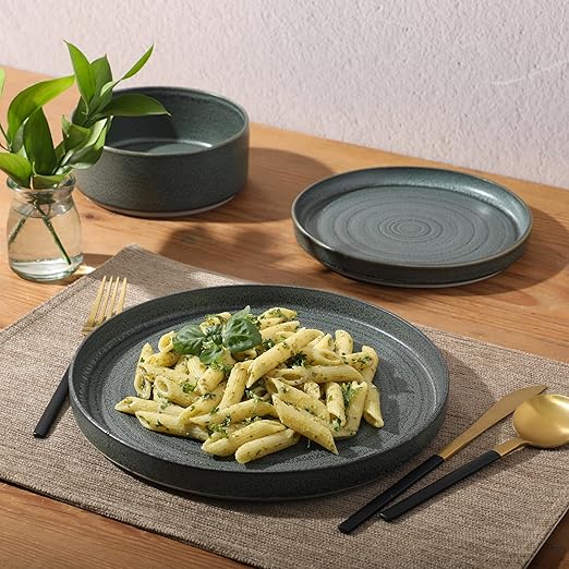 Gibson Elite Echo Bay 12 Piece Porcelain Reactive Glaze (Service for 4) Ceramic Plates and Bowls Modern Stackable Dinnerware Set - Blue