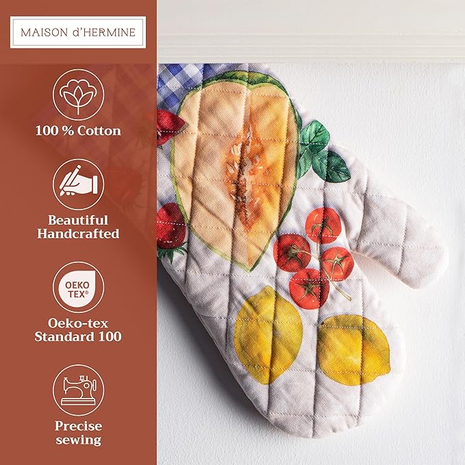 Maison d' Hermine Oven Gloves 100% Cotton Oven Mitt 7" x 13" with Loop Heat Resistant, BBQ, Cooking Gloves, Baking, Grilling, Kitchen, Handling Hot Pans Spring/Summer (Pack of 1, Gourmand)