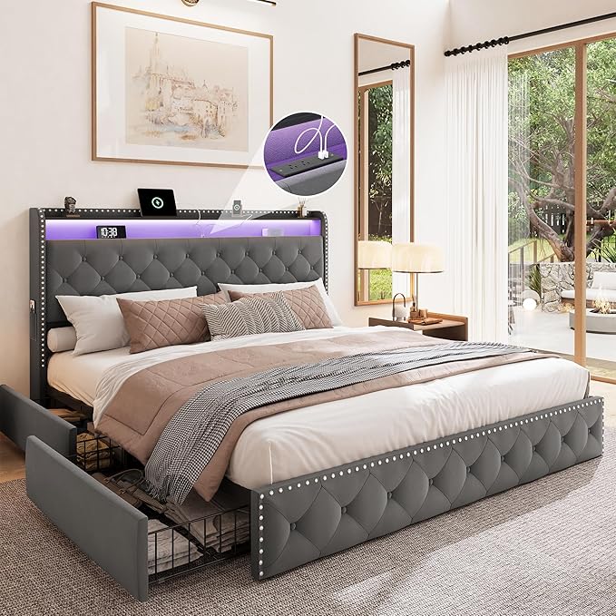 BRELTAM Bed Frame Queen Size with LED and Charging Station Upholstered Velve Tufed Bed Frame with 4 Storage Drawers,Platform Bed with Headboard Heavy Duty Wood Slats, Noise Free, Easy Assembly,Grey