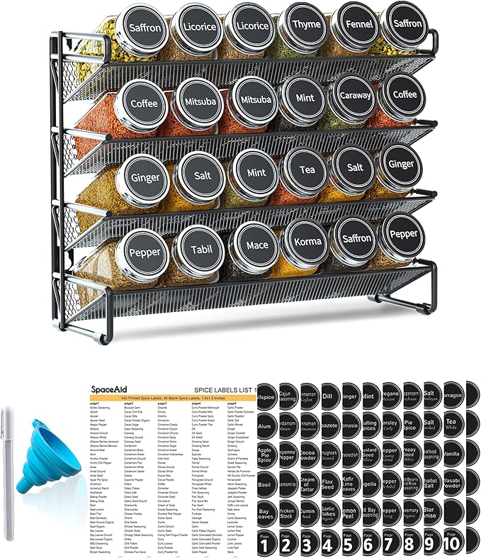 SpaceAid Spice Rack Organizer with 24 Spice Jars, 386 Spice Labels, Chalk Marker and Funnel Set for Cabinet, Countertop, Pantry, Cupboard or Door & Wall Mount -24 Jars, 11.8" W × 10.8" H, Black