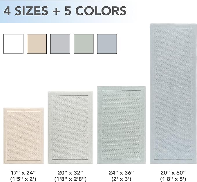 Arkwright 100% Cotton Bathroom Rug - High Absorbent Stylish Textured Woven Design Bath Mat, Slip Resistant Backing for Shower and Bathtub Floor, 20x60 in - Green