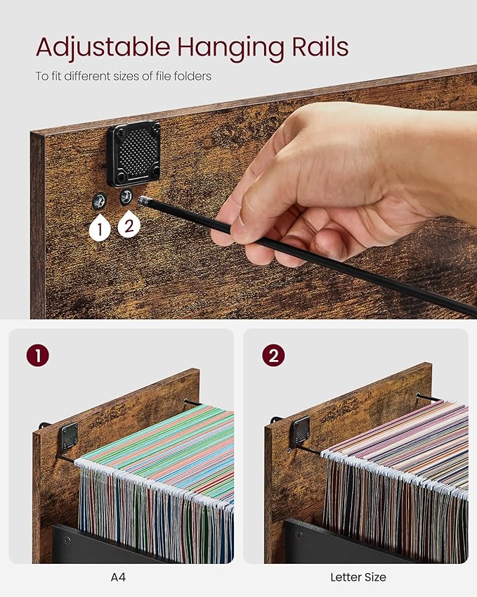 VASAGLE 3-Drawer Vertical File Cabinet, Rustic Brown and Black, for Home Office and Bedroom, A4 and Letter-Size Files, Lockable Drawers, Adjustable Hanging Rail, Printer Stand