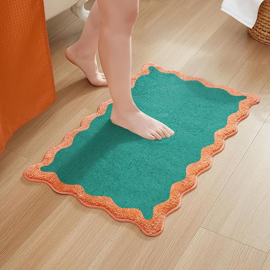 MONDAY MOOSE Bath Mat with Scalloped Wavy Ripple Design, Microfiber Absorbent Non Slip Tufted Rug for Floor, Shower or Kitchen (16x24 inch, Teal Peach)