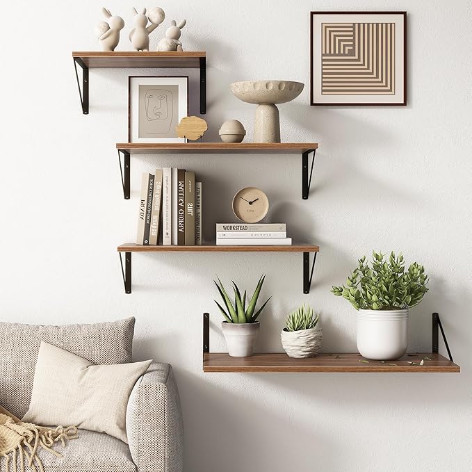 Fun Memories 10 Inch Deep Floating Shelves, Walnut Floating Shelf 16 Inch Long, 16" W x 10" D Wall Shelves Set of 2, Deep Shelves for Books, Wide Floating Shelves for Bahtoom, Living Room, Kitchen