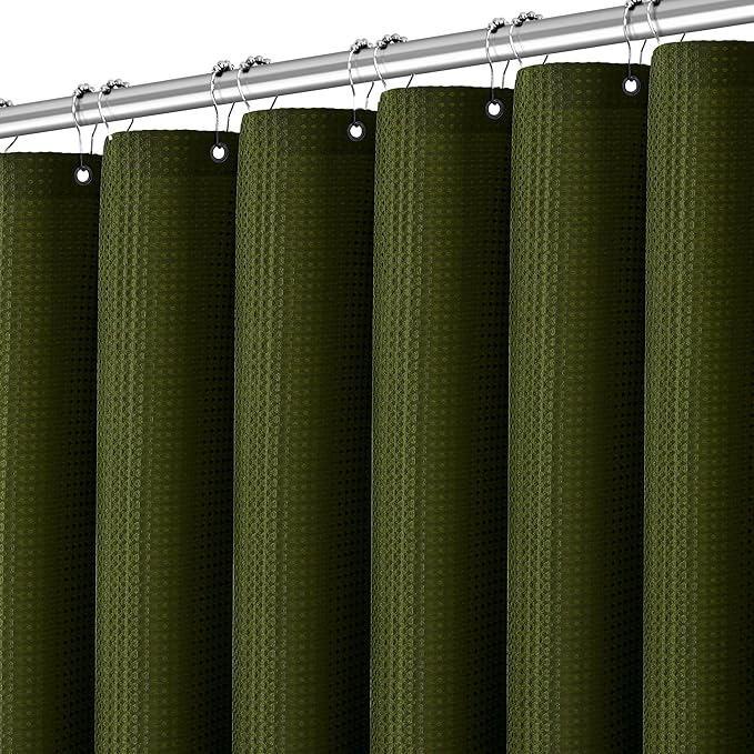 Long Waffle Army Green Shower Curtain, Heavy Duty Fabric Shower Curtain with Waffle Weave Hotel Quality Bathroom Shower Curtains, 72 x 78 Inches