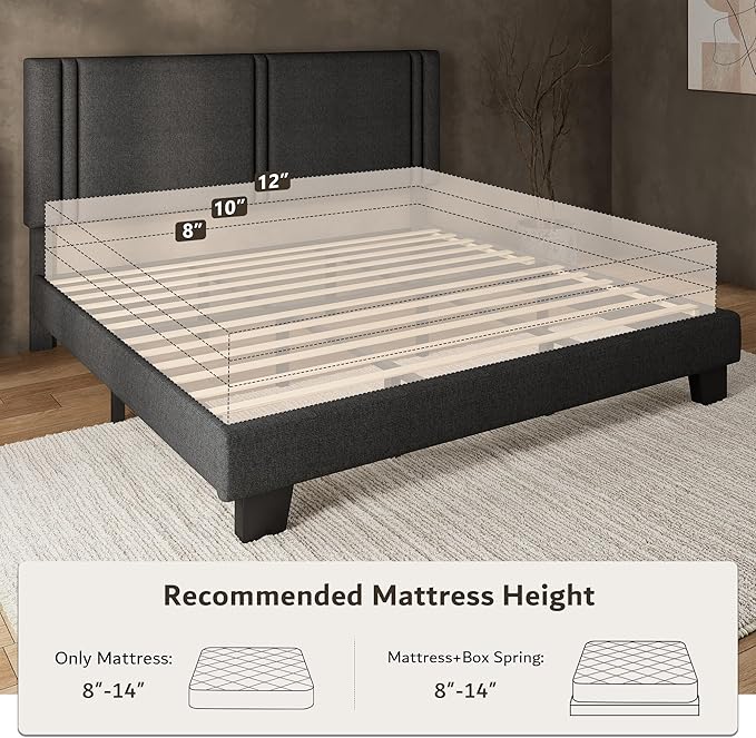 iPormis King Platform Bed Frame with Fabric Upholstered Headboard & Thickened Legs, Mattress Foundation with Solid Wooden Slats Support, No Box Spring Needed, Noise Free, Dark Grey