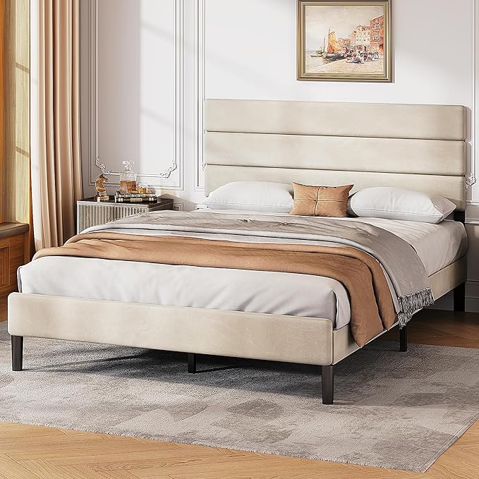 WLIVE Full Size Upholstered Bed Frame, Velvet Square Tufted Headboard,Sturdy Metal & Wooden Slats Support, No Box Spring Needed, Light Grey