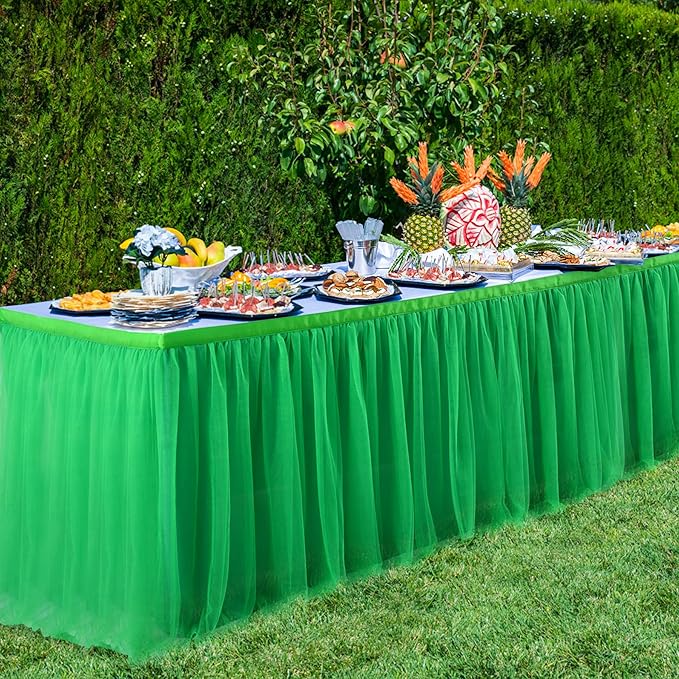 9ft Green Tulle Table Skirts for Rectangle Tables or Round Tables Ruffle Tutu Tablecloth for Birthday Party Baby Shower Jungle Luau Animal Safari Theme Party Table Decorations
