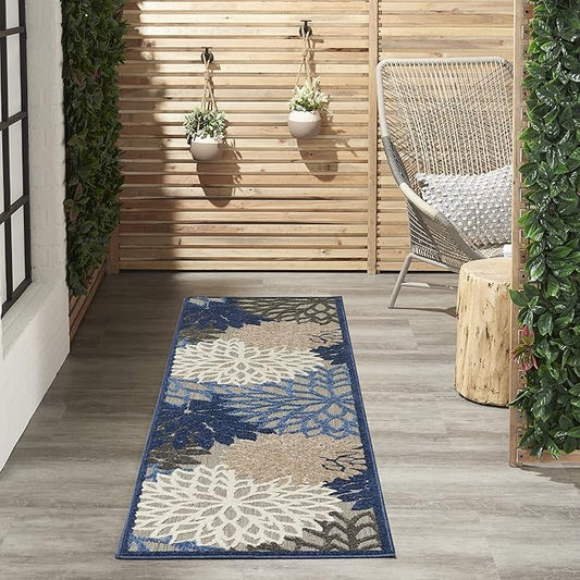 Nourison Aloha Indoor/Outdoor Blue/Multicolor 2'3" x 10' Area Rug, Tropical, Botanical, Easy Cleaning, Non Shedding, Bed Room, Living Room, Dining Room, Deck, Backyard, Patio (2x10)