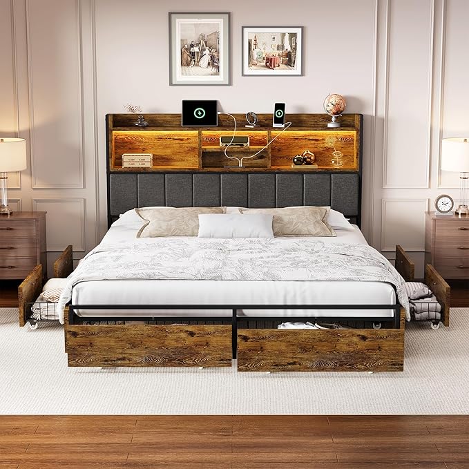 LARMACE Queen Bed Frame with 6 Storage Drawers, Bed Frame Queen Size with Linen Upholstered Headboard, Built in Charging Station and LED, No Noise, Metal Support, No Box Spring Needed,Vintage Brown