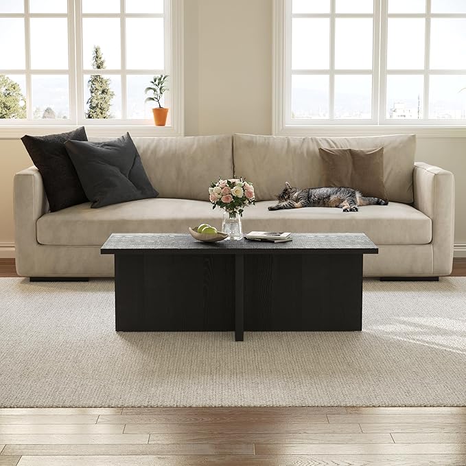 Luoxiao Rectangle Coffee Table for Living Room 47 inch Wood Modern Center Accent Table Minimalist Small Rectangular Cocktail Table Black, Space Saving, Easy Assembly