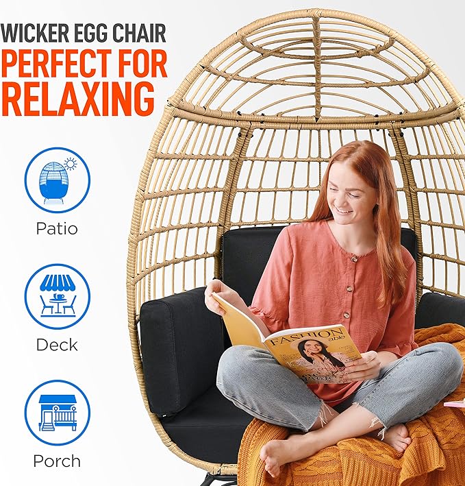 SereneLife Indoor/Outdoor Wicker Rattan Egg Chair with Cushions, Patio Hanging Egg Chair with Steel Frame, Washable Pillows, for Porch, Deck, Garden or Bedroom, 440 lbs. Capacity