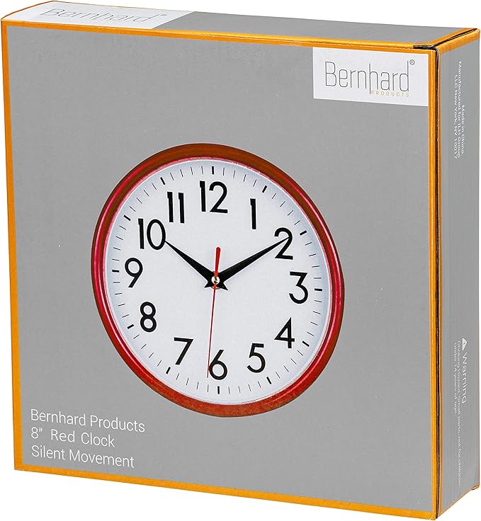 Bernhard Products Red Wall Clock 8" Retro Kitchen Silent Non-Ticking Quality Quartz Battery Operated Round Clock for Office Classroom Bedroom Bathroom Easy to Read