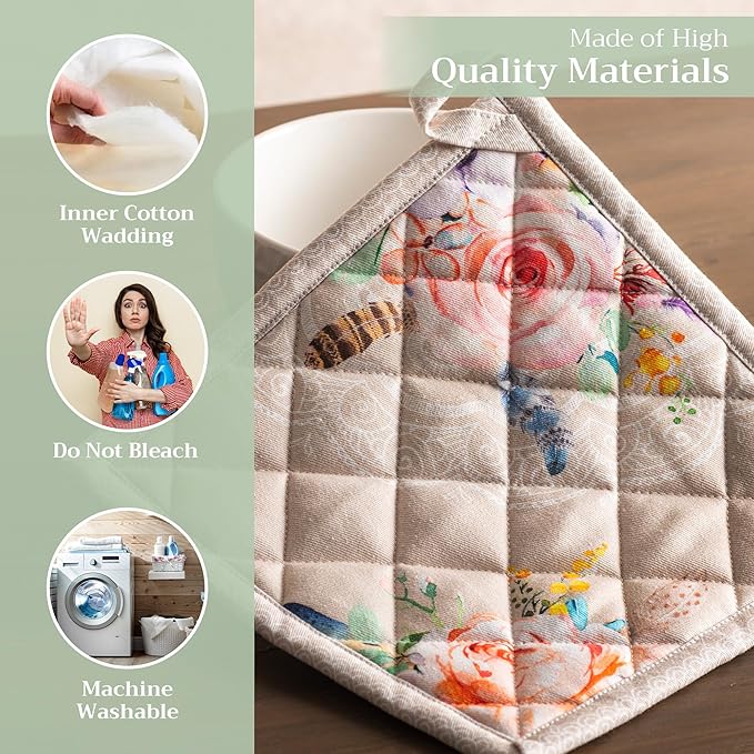 Maison d' Hermine Pot Holders Set 100% Cotton Heat Resistant Potholders 8" x 8" Hot Pads with Loop BBQ, Cooking, Baking, Grilling, Kitchen, Handling Hot Pans Spring/Summer (Pack of 2, Ibiza - Beige)