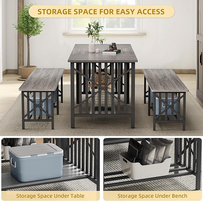 DWVO 3-Piece Dining Table Set for 4-6 People, 63" Dining Room Table with 2 Benches, Industrial Rectangular Dining Room Table Set with Storage for Kitchen, Dining Room, Grey