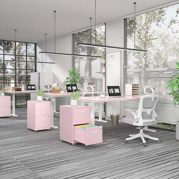 2 Drawer File Cabinet with Lock，Pink Rolling File Cabinet for Home Office, Metal Small Mobile Filing Cabinets on Wheels for Hanging Letter