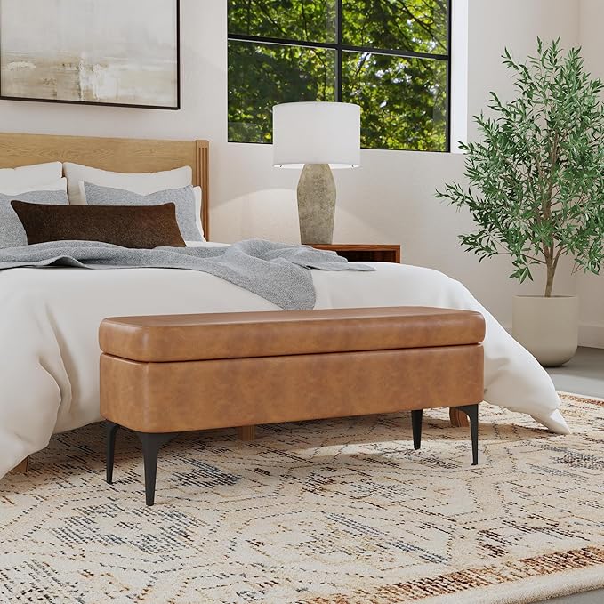 HomePop Upholstered Storage Bench with Metal Leg Home Décor|Bench with Storage for Living Room & Entryway - Carmel Faux Leather