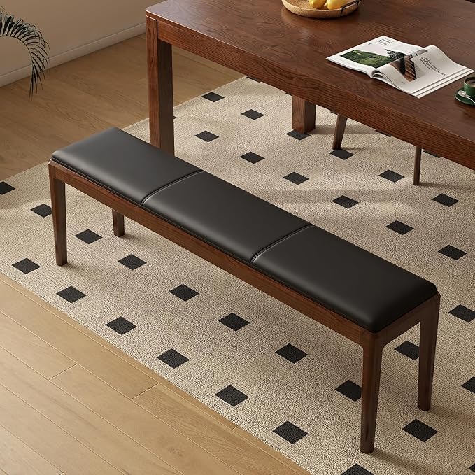 55.1'' Leather Upholstered Dining Bench with 100% Solid Oak Wood Bench Frame, 13.8'' Widened Padded Bed End Bench Ottoman for Kitchen Living Room Bedroom Entryway, Black