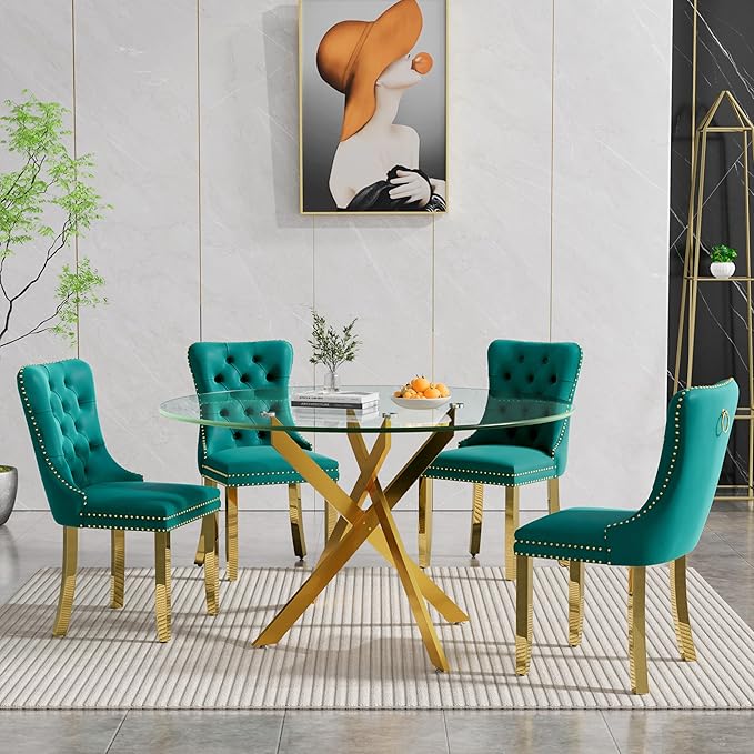 Goujxcy Round Dining Table Set for 4, Modern Glass Kitchen Table and Chairs Set of 4, 5-Piece Dining Room Table Set w/47 Circle Gold Glass Dining Table and 4 Upholstered Velvet Chairs