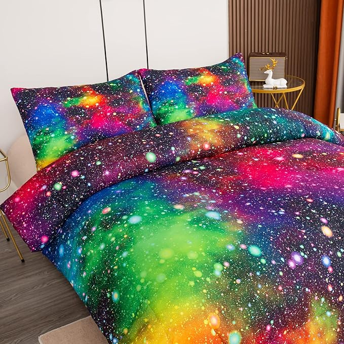 Tailor Shop Galaxy Comforter Set Colorful Outer Space Starry Sky Rainbow Night Pattern Bedding Set for Girls Boys Kids Queen Size with 1 Comforter 2 Pillowcases……